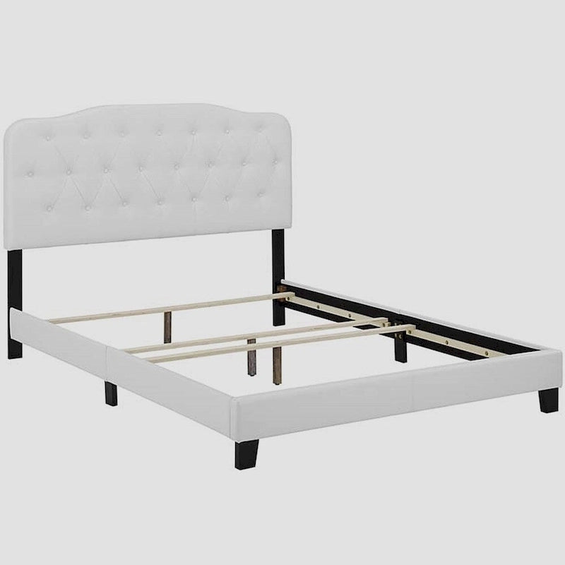 Full Size White Faux Leather Platform Bed with Button-Tufted Headboard