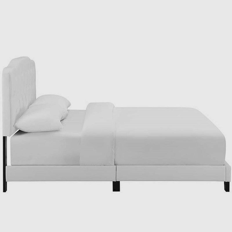 Full Size White Faux Leather Platform Bed with Button-Tufted Headboard