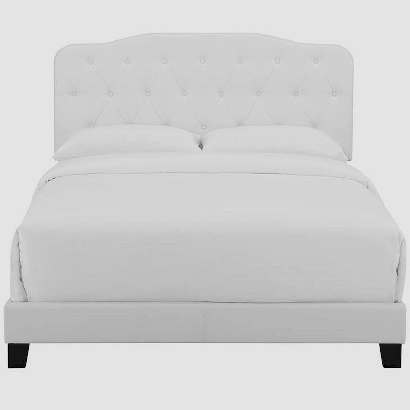 Full Size White Faux Leather Platform Bed with Button-Tufted Headboard