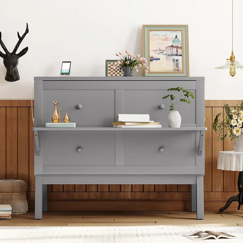 Full Size Murphy Bed Cabinet with Fold-Out Desk and USB Charging Port