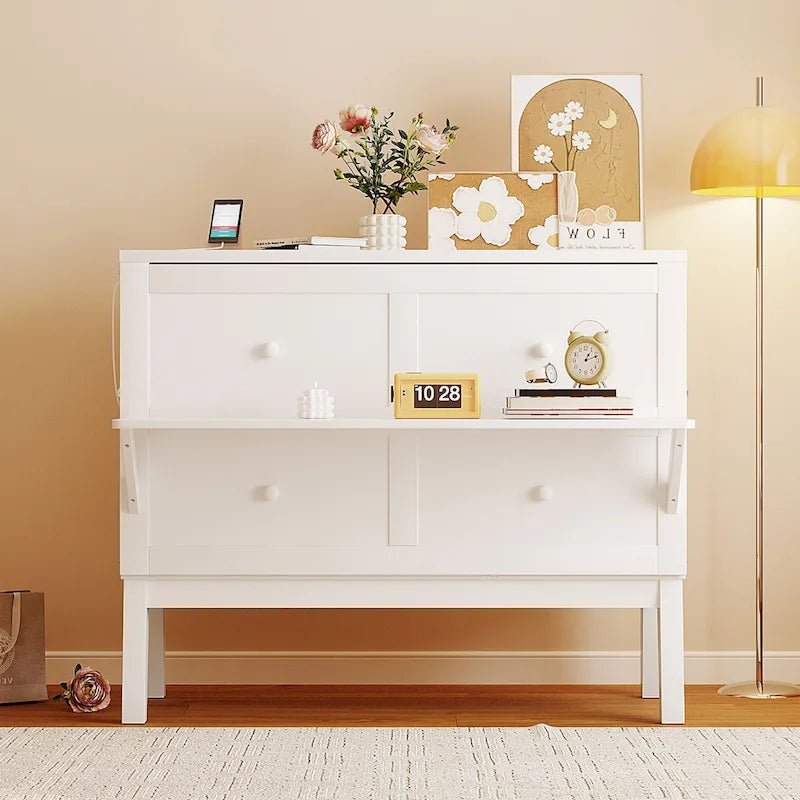 Full Size Murphy Bed Cabinet with Fold-Out Desk and USB Charging Port
