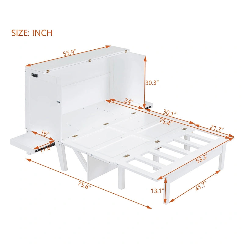 Full Size Murphy Bed Cabinet with Fold-Out Desk and USB Charging Port