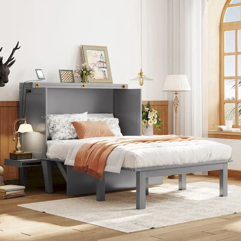 Full Size Murphy Bed Cabinet with Fold-Out Desk and USB Charging Port