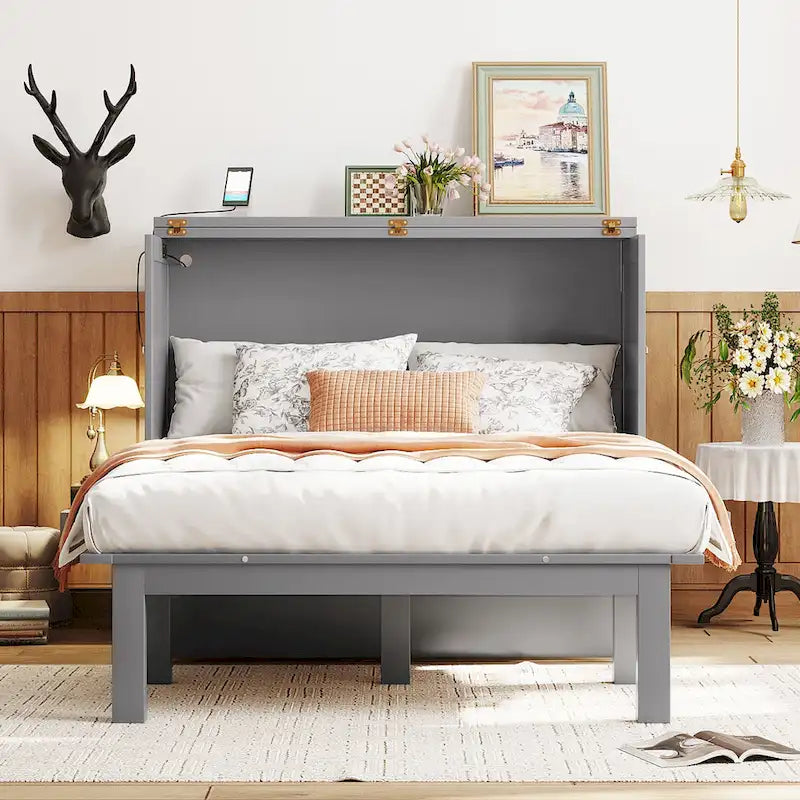 Full Size Murphy Bed Cabinet with Fold-Out Desk and USB Charging Port