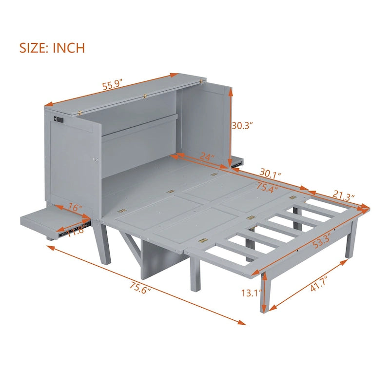 Full Size Murphy Bed Cabinet with Fold-Out Desk and USB Charging Port