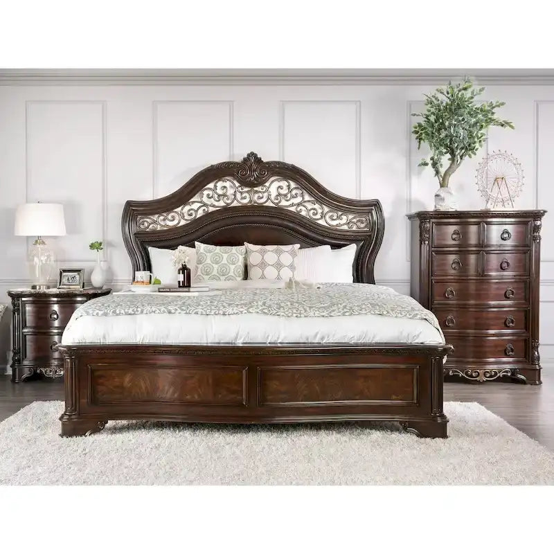 Traditional Carved Wood Panel Bed with Camelback Headboard, Brown Cherry Finish