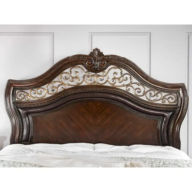 Traditional Carved Wood Panel Bed with Camelback Headboard, Brown Cherry Finish