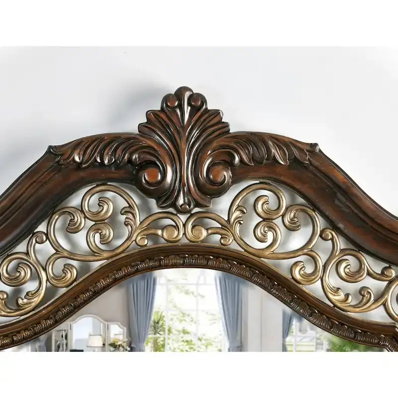 Traditional Carved Wood Panel Bed with Camelback Headboard, Brown Cherry Finish