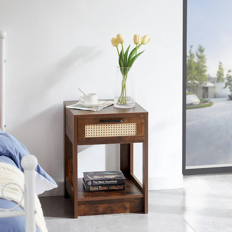 Rattan Side Table with Drawer, Modern Nightstand for Living Room and Bedroom