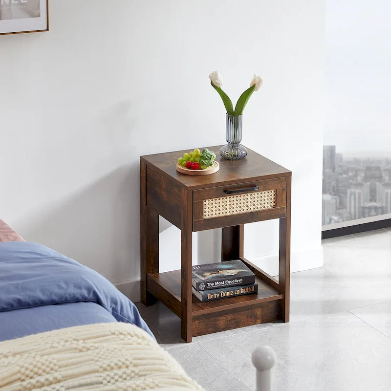 Rattan Side Table with Drawer, Modern Nightstand for Living Room and Bedroom