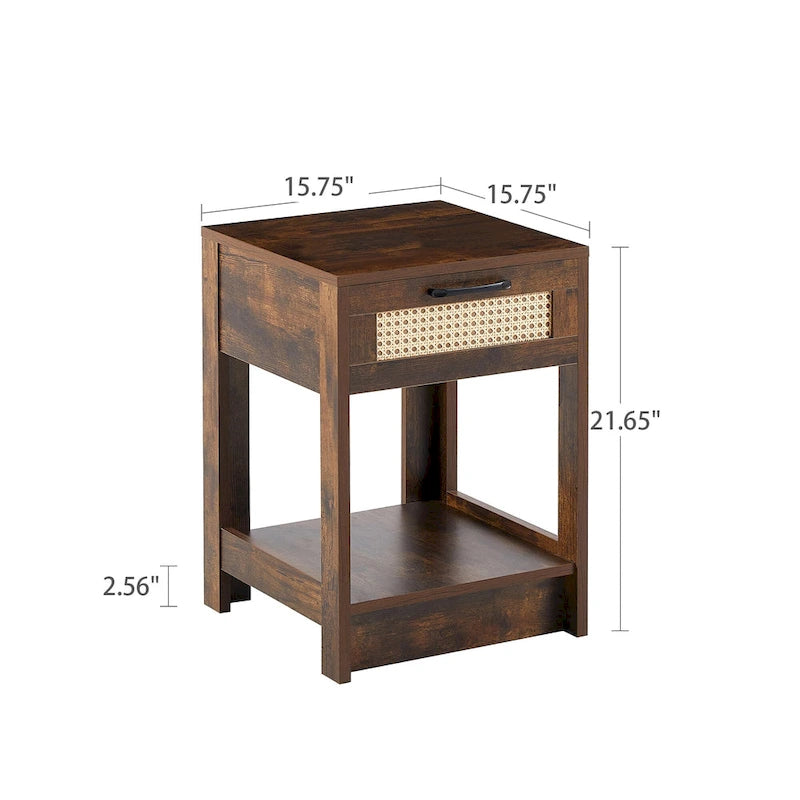 Rattan Side Table with Drawer, Modern Nightstand for Living Room and Bedroom