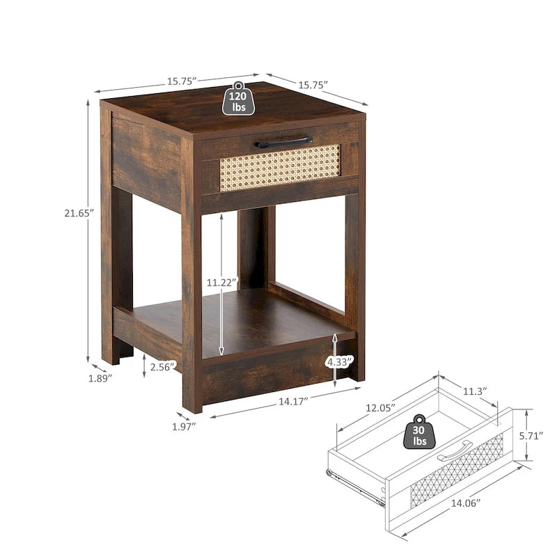 Rattan Side Table with Drawer, Modern Nightstand for Living Room and Bedroom
