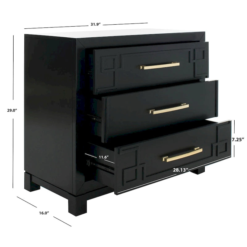 3-Drawer Chest with Gold Hardware and Carved Details