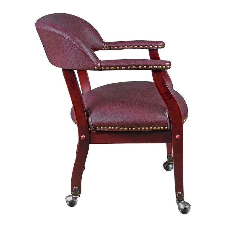 Burgundy Vinyl Captain Chair with Casters and Mahogany Frame