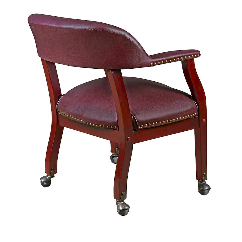 Burgundy Vinyl Captain Chair with Casters and Mahogany Frame