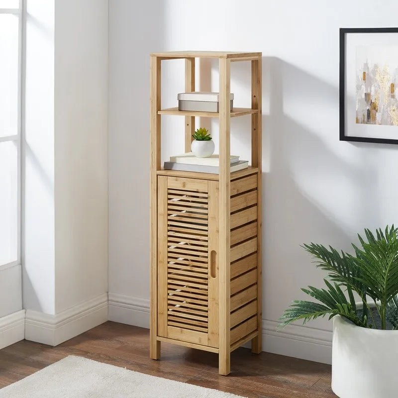 Solid Bamboo Bathroom Cabinet with Open and Hidden Shelves, Natural Finish