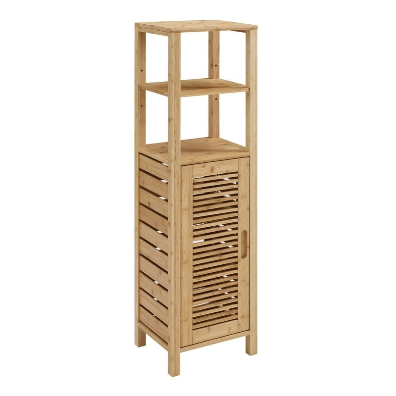 Solid Bamboo Bathroom Cabinet with Open and Hidden Shelves, Natural Finish