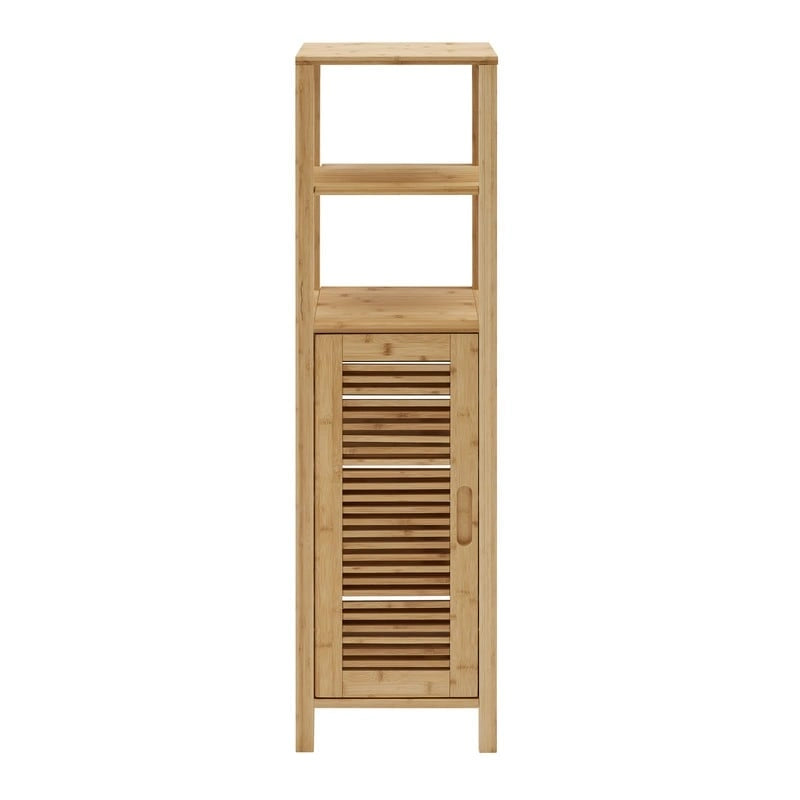 Solid Bamboo Bathroom Cabinet with Open and Hidden Shelves, Natural Finish