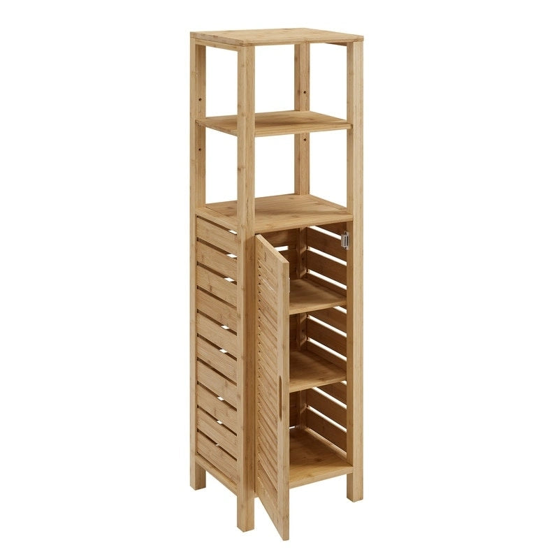 Solid Bamboo Bathroom Cabinet with Open and Hidden Shelves, Natural Finish