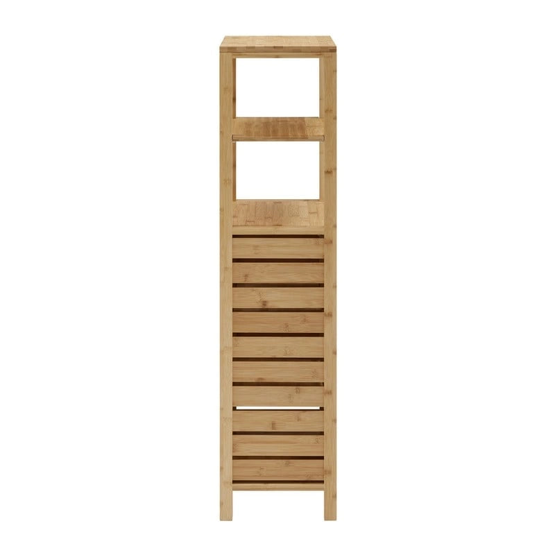 Solid Bamboo Bathroom Cabinet with Open and Hidden Shelves, Natural Finish