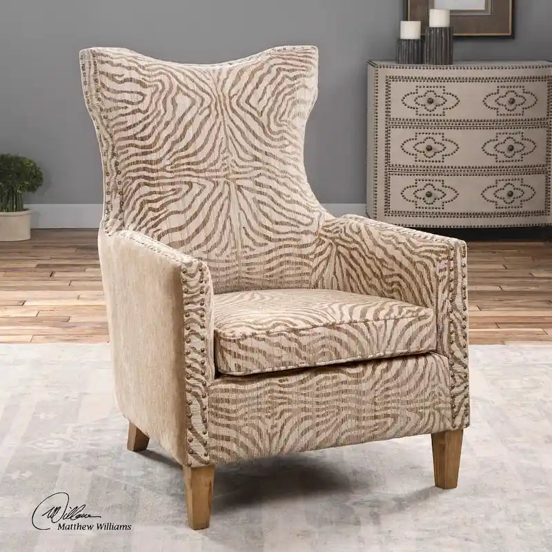 High-Back Arm Chair with Stripe Pattern Seat and Weathered Maple Finish
