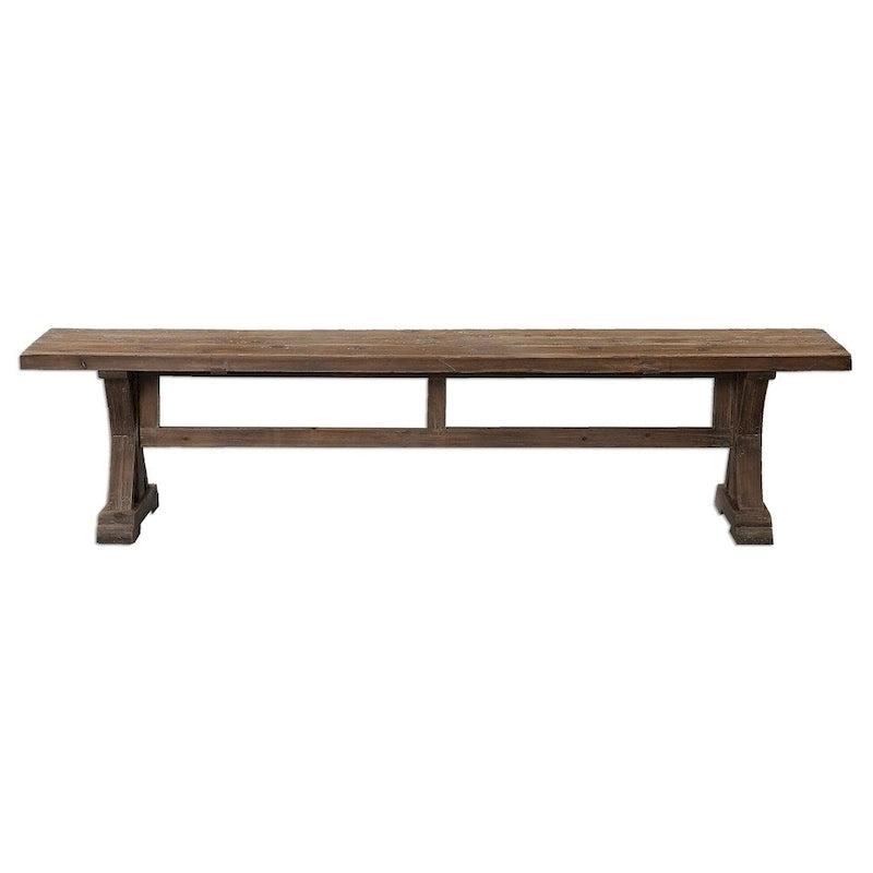 Solid Wood Bench with Stony Grey Wash Finish and Trestle Base
