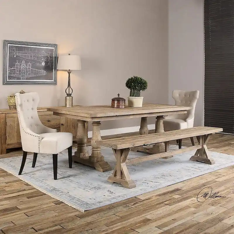 Solid Wood Bench with Stony Grey Wash Finish and Trestle Base