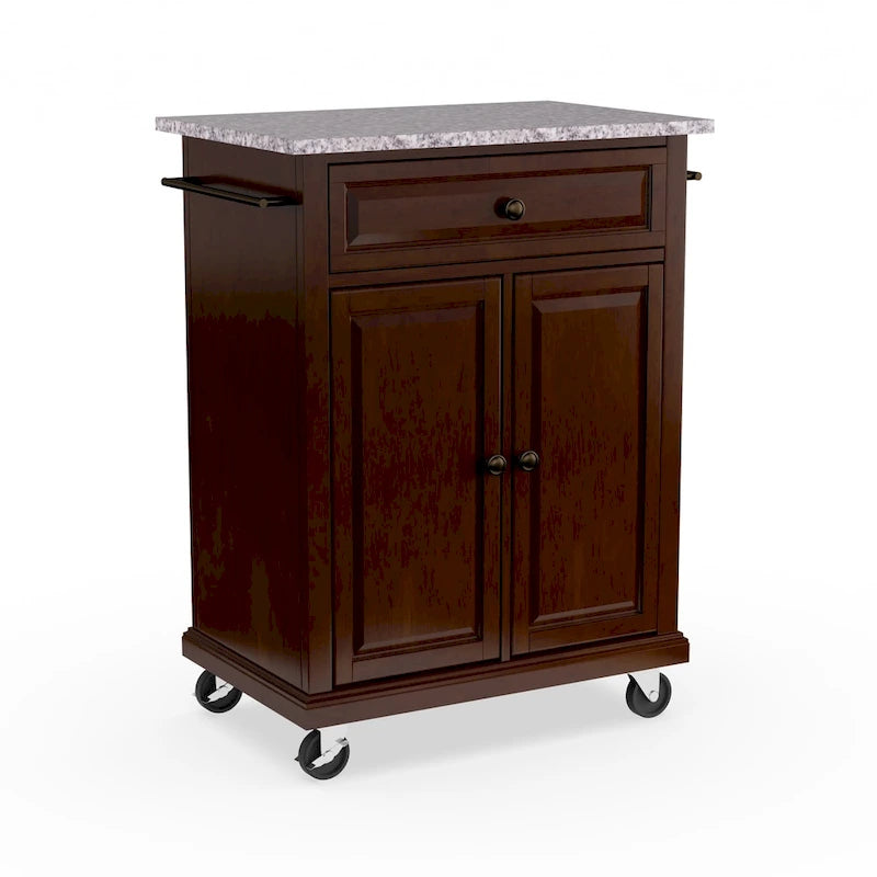 Compact Kitchen Cart with Granite Top, Drawer, Cabinet and Locking Casters