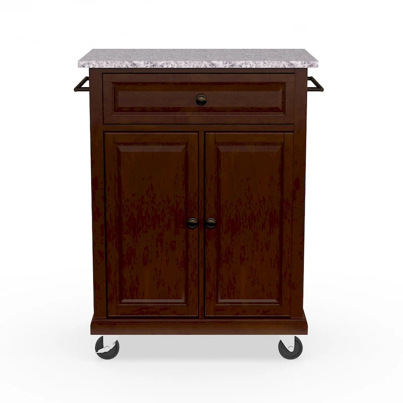 Compact Kitchen Cart with Granite Top, Drawer, Cabinet and Locking Casters