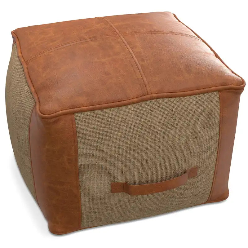 Square Genuine Leather and Woven Jute Pouf Ottoman in Tan