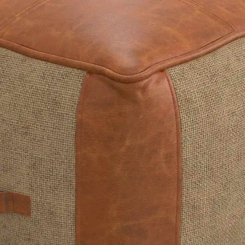 Square Genuine Leather and Woven Jute Pouf Ottoman in Tan