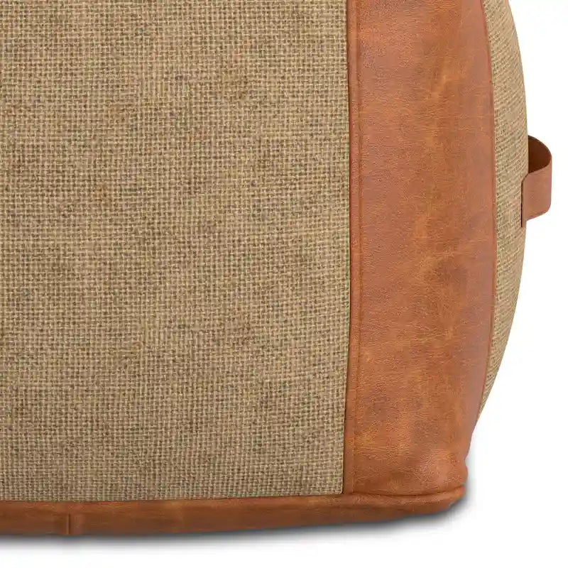 Square Genuine Leather and Woven Jute Pouf Ottoman in Tan