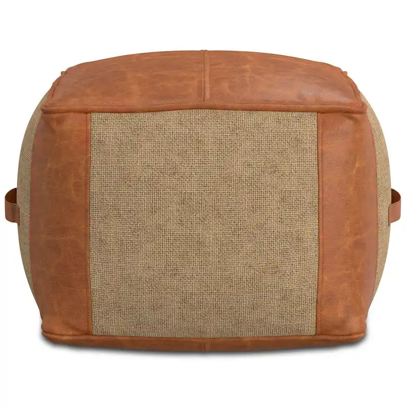 Square Genuine Leather and Woven Jute Pouf Ottoman in Tan