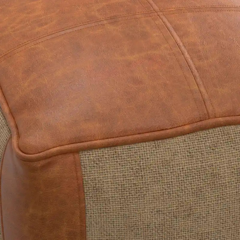 Square Genuine Leather and Woven Jute Pouf Ottoman in Tan
