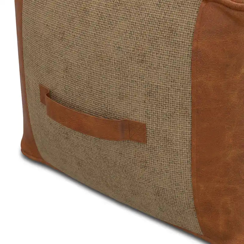 Square Genuine Leather and Woven Jute Pouf Ottoman in Tan