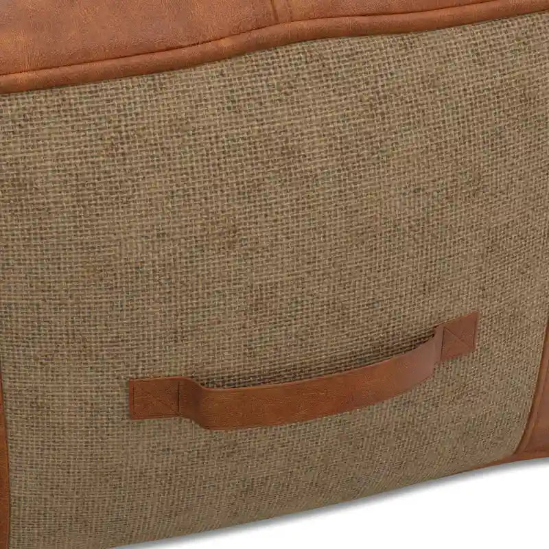 Square Genuine Leather and Woven Jute Pouf Ottoman in Tan