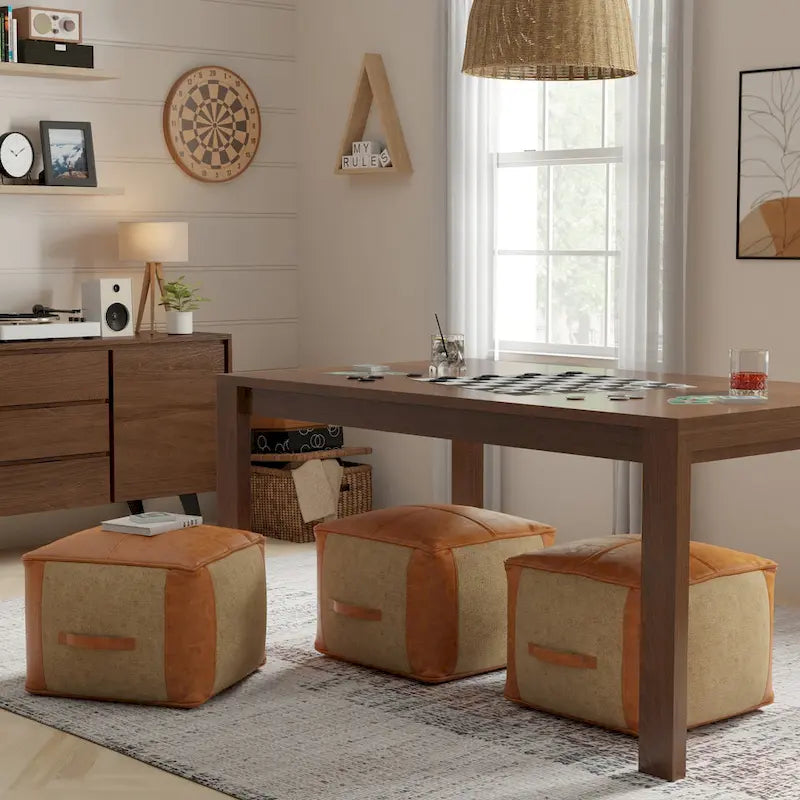 Square Genuine Leather and Woven Jute Pouf Ottoman in Tan