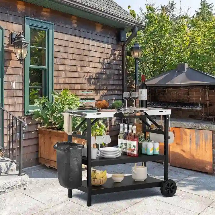 3-Tier Foldable Outdoor Cart with Wheels and Phone Holder, Black Metal
