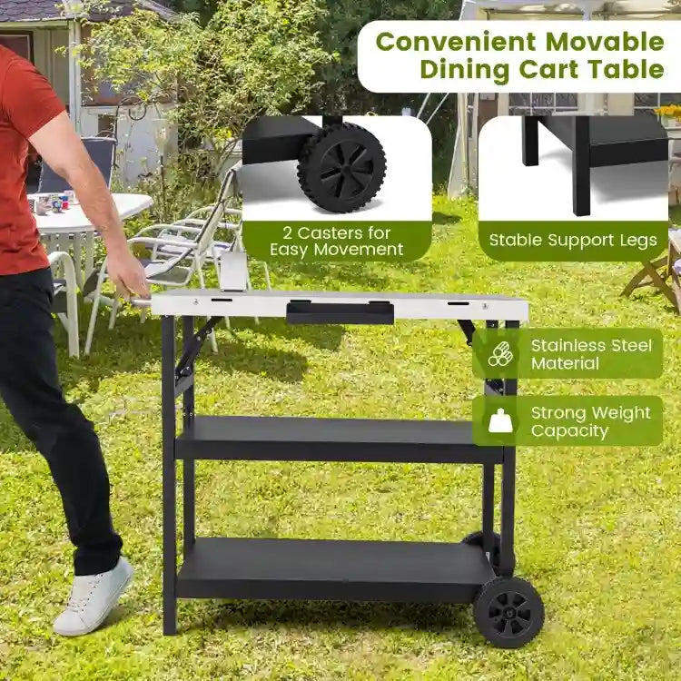 3-Tier Foldable Outdoor Cart with Wheels and Phone Holder, Black Metal
