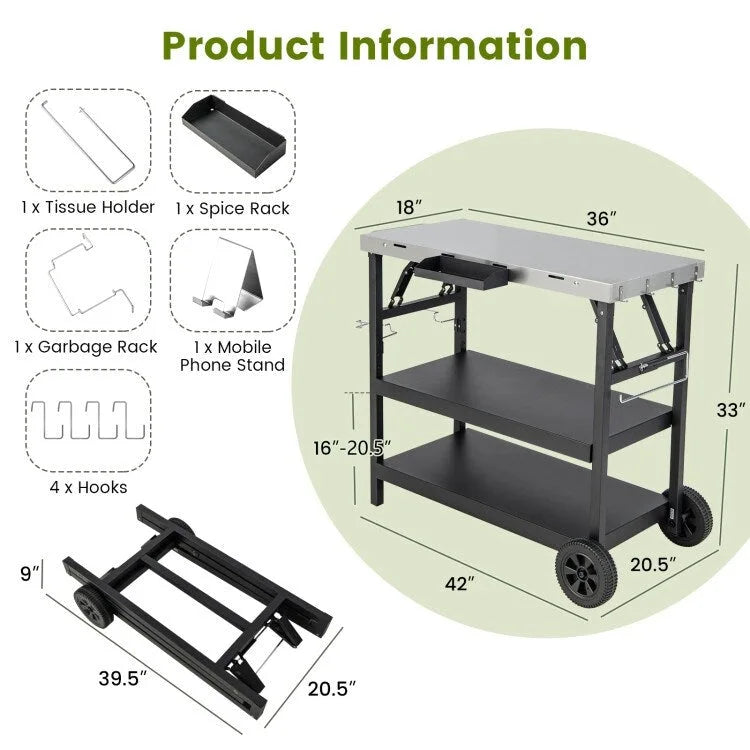3-Tier Foldable Outdoor Cart with Wheels and Phone Holder, Black Metal