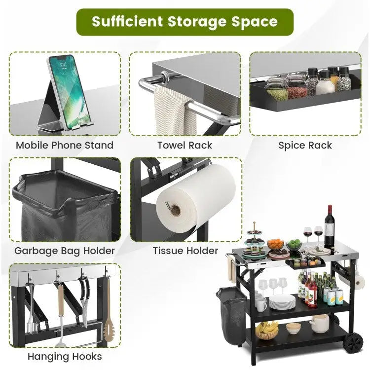 3-Tier Foldable Outdoor Cart with Wheels and Phone Holder, Black Metal