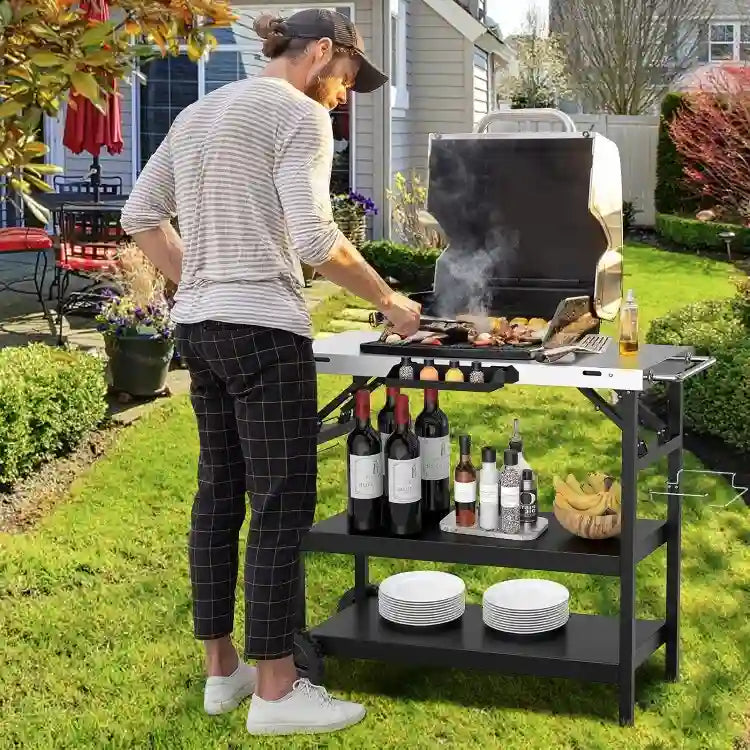 3-Tier Foldable Outdoor Cart with Wheels and Phone Holder, Black Metal
