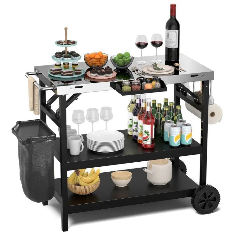 3-Tier Foldable Outdoor Cart with Wheels and Phone Holder, Black Metal