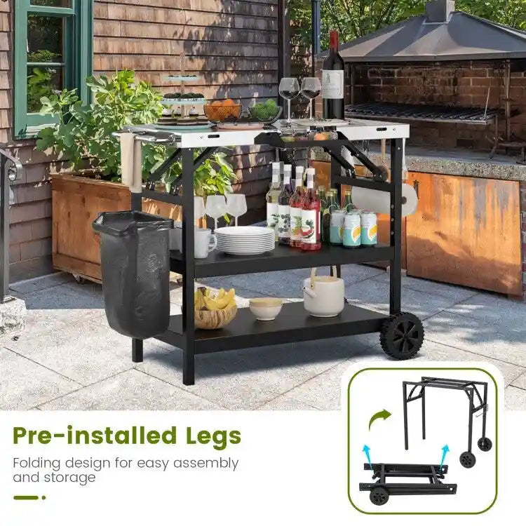3-Tier Foldable Outdoor Cart with Wheels and Phone Holder, Black Metal