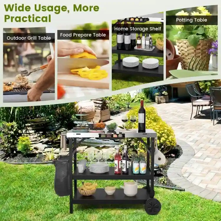 3-Tier Foldable Outdoor Cart with Wheels and Phone Holder, Black Metal