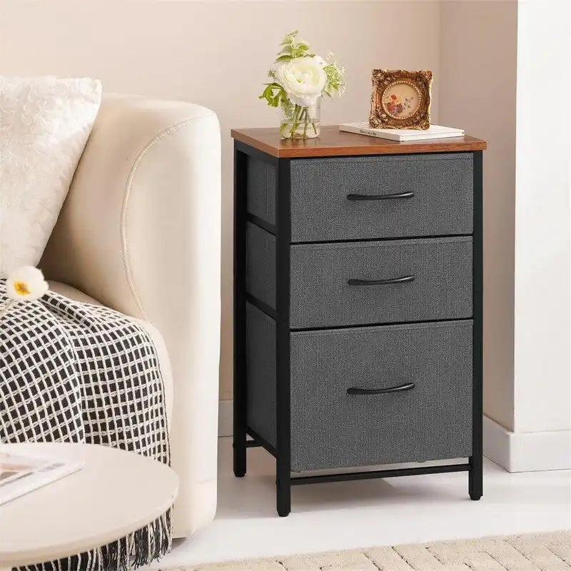 Nightstand with 3 Storage Drawers, Wood Top and Metal Frame