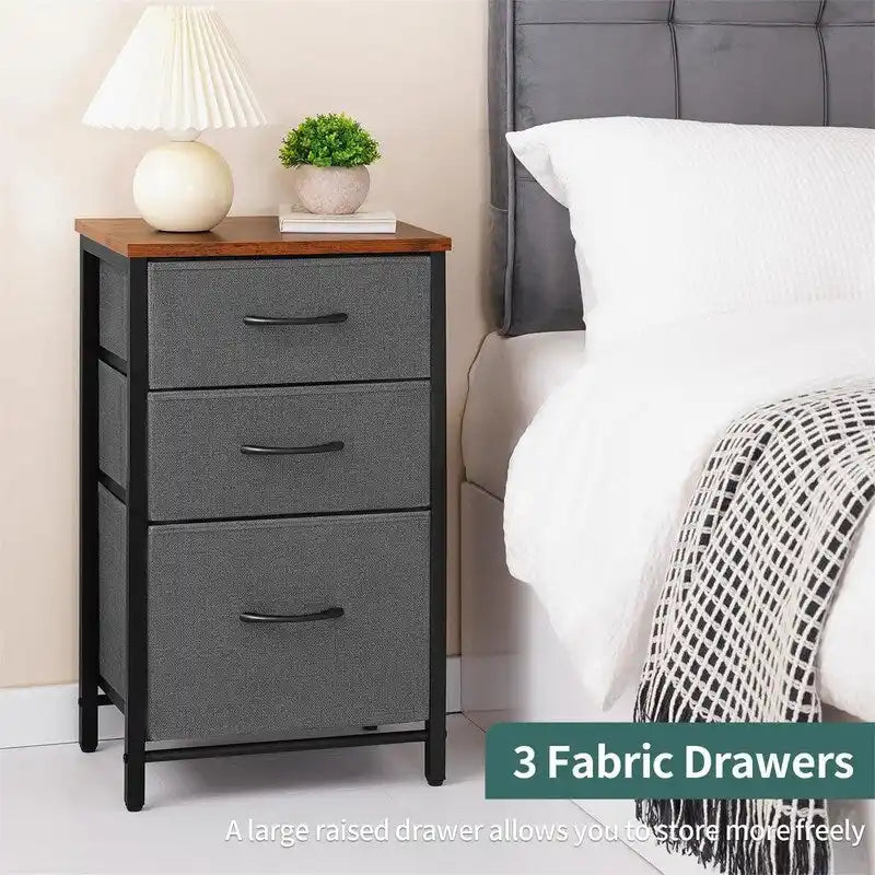 Nightstand with 3 Storage Drawers, Wood Top and Metal Frame