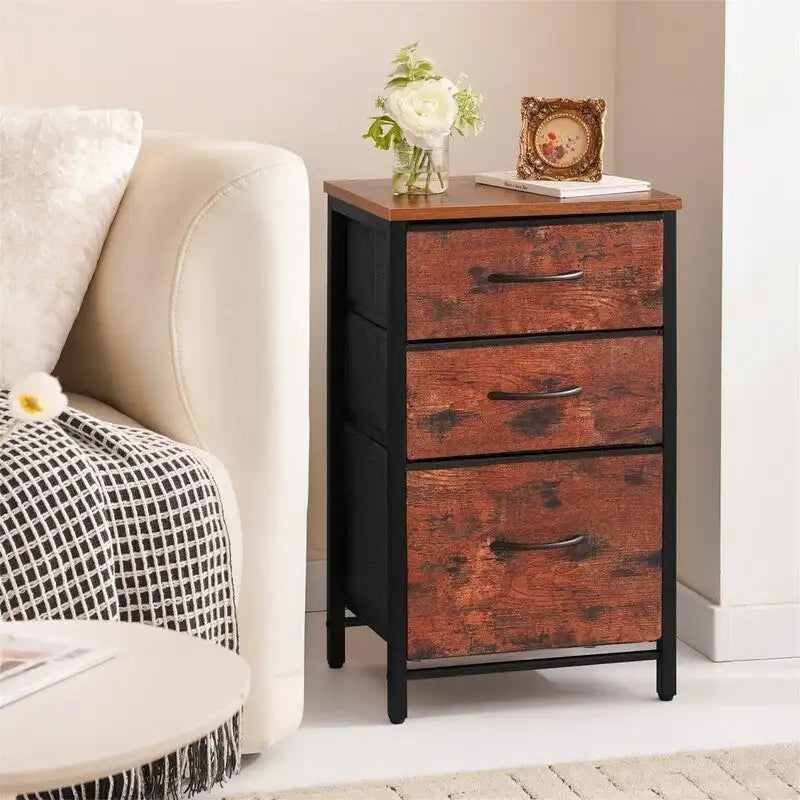 Nightstand with 3 Storage Drawers, Wood Top and Metal Frame
