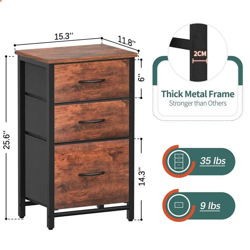 Nightstand with 3 Storage Drawers, Wood Top and Metal Frame