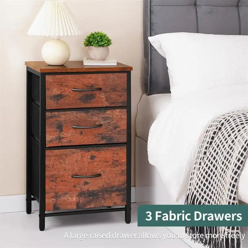 Nightstand with 3 Storage Drawers, Wood Top and Metal Frame
